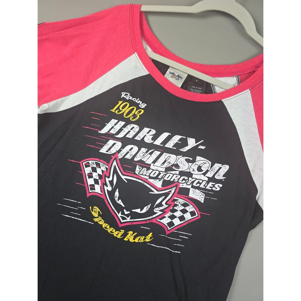 Harley-Davidson Speed Kat Racing Raglan Graphic T-Shirt Pink Black Womens L